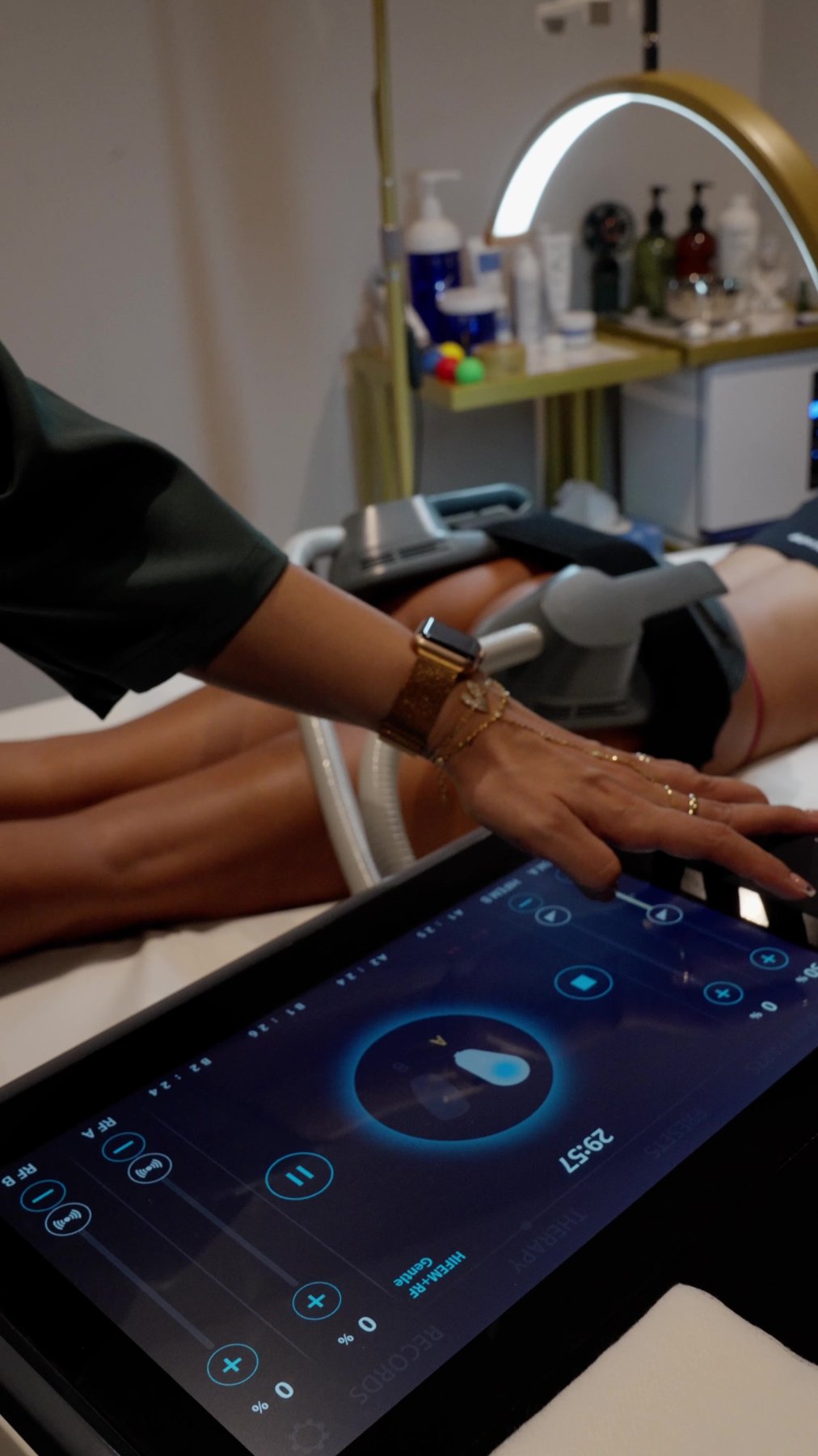 The EMS and RF Body Sculpt system controls at Waldor Clinic, 35 Great Portland Street